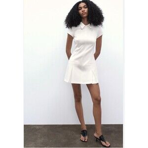 Zara White SHIRT DRESS WITH PLEATS Sz M Sold Out Casual Preppy Quiet Luxury Chic